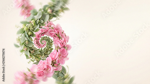 Leaf and Petal Double Helix Spiral Vortex on Cream Background, Botanical Surrealism with Copy Space for Text
