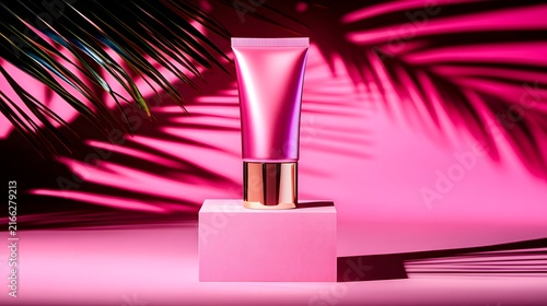 Pink Cosmetic Tube with Gold Cap on Pedestal Against Vibrant Pink Background with Palm Leaf Shadows