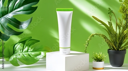White Cosmetic Tube Mockup with Green Cap on Podium Surrounded by Tropical Leaves and Potted Plants