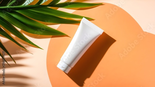 Blank White Cosmetic Tube Mockup with Tropical Palm Leaf on Orange Circular Background