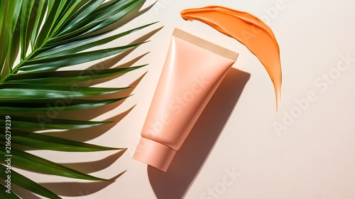 Peach Cosmetic Tube Mockup with Orange Cream Swatch and Tropical Palm Leaf on Beige Background