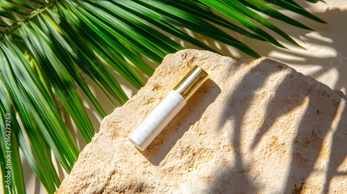 White and Gold Cosmetic Bottle on Textured Stone with Tropical Palm Leaves in Sunlight