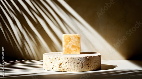 Handmade Marbled Soap Bar on Textured Stone Pedestal with Palm Leaf Shadows