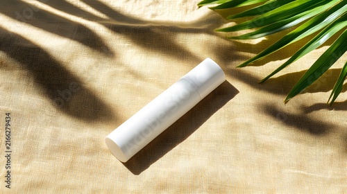 Minimalist White Cosmetic Tube Mockup on Woven Textured Background with Tropical Palm Leaf Shadows