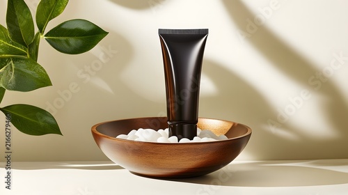 Unbranded Black Cosmetic Tube in Wooden Bowl with White Pebbles and Green Leaves on Beige Background