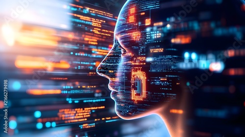Digital Human Profile with Circuit Patterns and Glowing Code Overlay Representing Artificial Intelligence and Technology