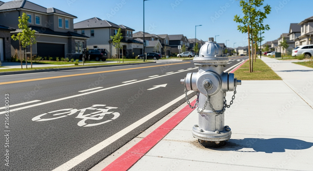 Fototapeta premium Silver fire hydrant on suburban street corner.