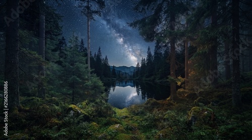 Milky Way Above Calm Mountain Lake at Night