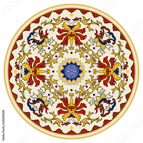 An elegant circular Chinese mandala pattern with floral motifs. The ornate oriental ornament features a blue longevity symbol inside a decorative round ceramic plate style framework