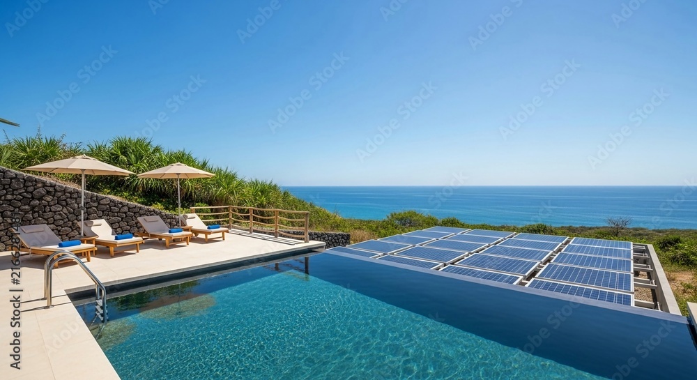 Fototapeta premium Luxury eco resort with infinity pool and solar panels overlooking the vast ocean under a clear blue sky.