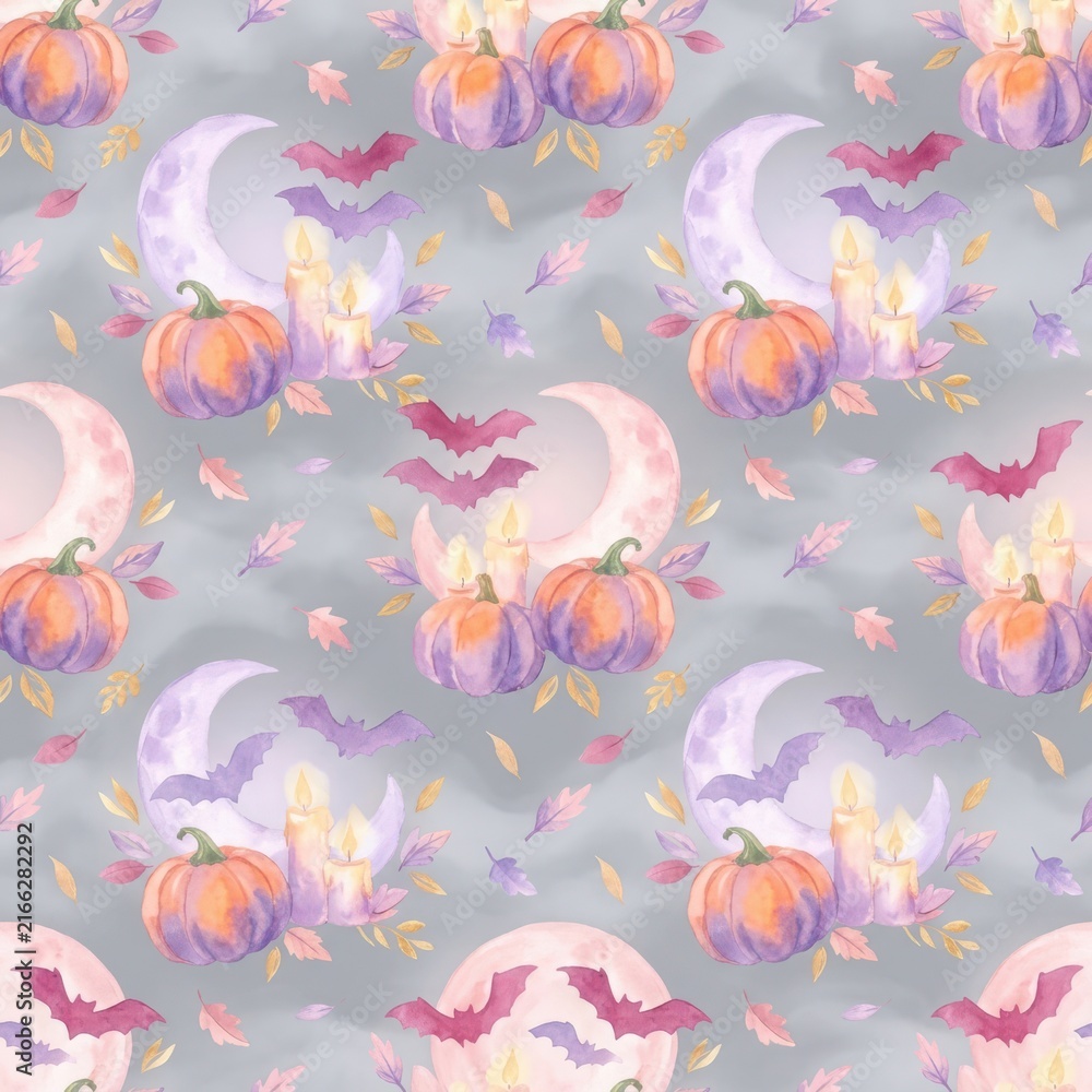 Fototapeta premium Watercolor Halloween pattern with pumpkins moons bats and candles for festive holiday design.