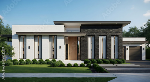 Luxurious Modern Single Story Home with Contemporary Black and White Facade, Flat Roof, and Minimalist Landscaping Exterior