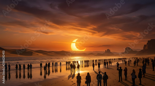 Partial solar eclipse over beach with large observer crowd.