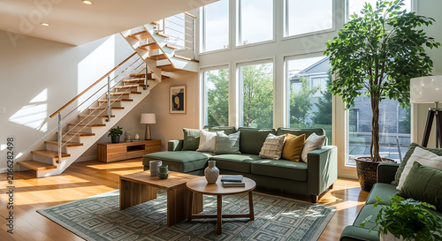 Bright and Spacious Modern Living Room with High Ceilings, Large Windows, Green Sofa, and Natural Wood Accents