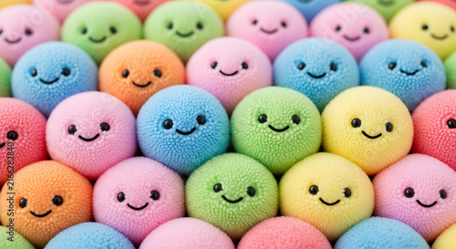 Adorable Background of Colorful Fluffy Smiling Emoji Balls - Cute, Playful, and Happy Textured Orbs in Pastel Rainbow Hues for Kids and Fun
