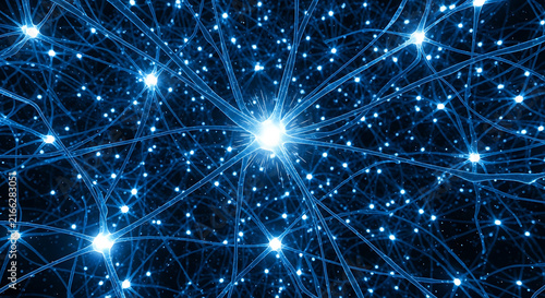 Intricate Network of Glowing Blue Neurons and Synapses - Abstract Representation of Brain Activity, Thought Processes, and Neural Connections