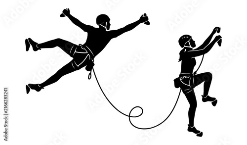 Dynamic Man and Woman Rock Climbing with Rope Black Silhouette Vector Set