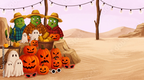 Halloween illustration with pumpkins ghosts and cactus