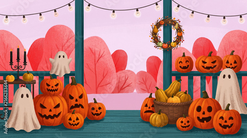 Halloween scene with pumpkins and ghosts at the porch