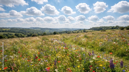 Wildflower meadow with colorful summer blooms under a bright blue sky with fluffy clouds