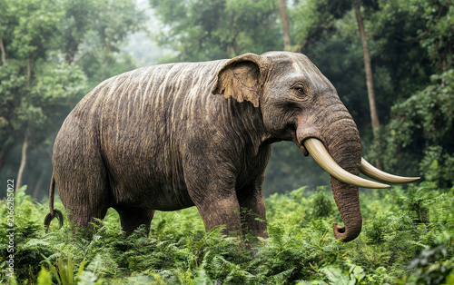 Prehistoric straight-tusked elephant standing in a dense tropical forest of green ferns