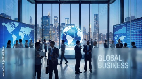 Modern Business Conference in Tall Urban Skyscraper with Digital Globe Display