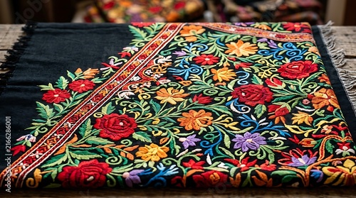 Vibrant floral embroidered textile with intricate design ,Hispanic Heritage Celebration Month, Latino Ctivalultural Festival, Cinco de Mayo, Día de los Muertos, Carnaval, Inti Raymi