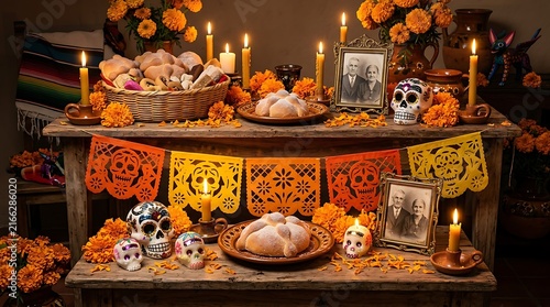 Vibrant Mexican Day of the Dead altar ,Hispanic Heritage Celebration Month, Latino Ctivalultural Festival, Cinco de Mayo, Día de los Muertos, Carnaval, Inti Raymi