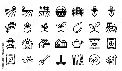 Bild auf Leinwand Farming and agriculture editable stroke line icon set featuring harvest crops pl