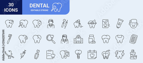 Dental Clinic Elements Thin Line Icon Set for Oral Care and Dentistry, Outline Vector Illustration