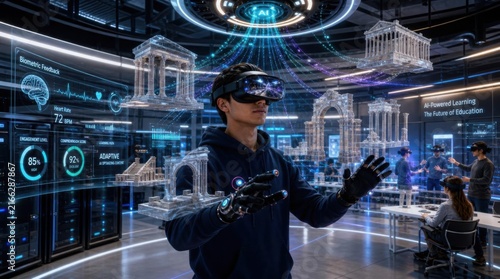 University student uses VR headset and AI to explore ancient Roman architecture in immersive high-tech learning lab.