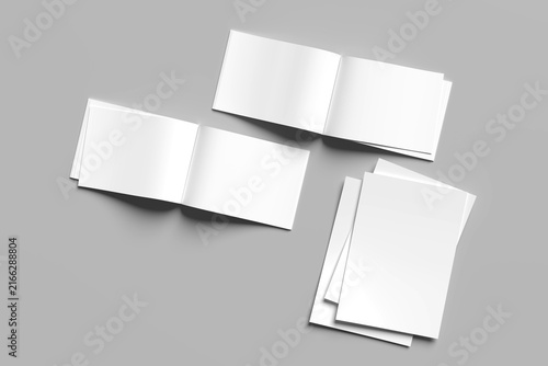 Horizontal - landscape hardcover brochure, book or catalog mock up isolated on soft gray background. 3D illustrating. Professional Blank Brochure Mockup for Branding Presentation