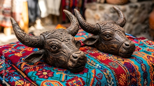 Traditional Mexican bull heads on colorful textile ,Hispanic Heritage Celebration Month, Latino Ctivalultural Festival, Cinco de Mayo, Día de los Muertos, Carnaval, Inti Raymi