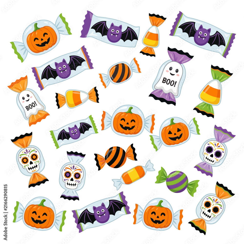 Fototapeta premium Halloween candy collection, sweet treats, pumpkins, ghosts, bats, skulls, festive sweets, vector icons