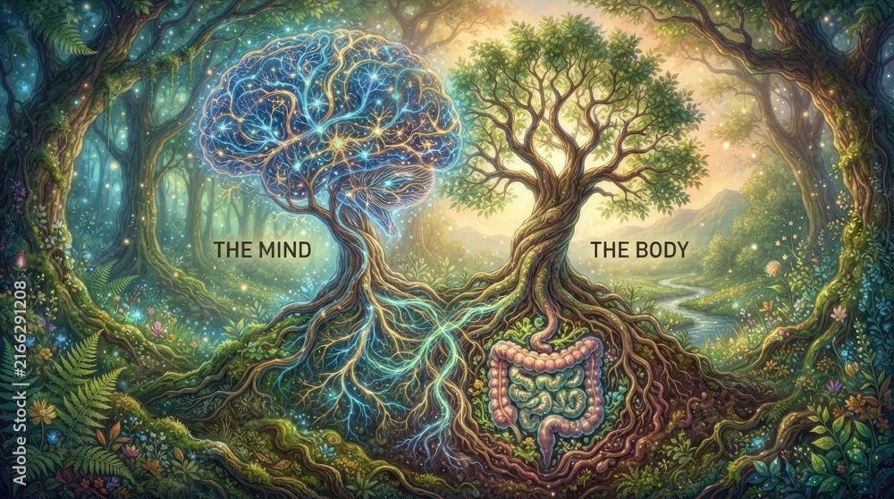 Fototapeta premium A surreal and mystical artwork depicts the interconnectedness of the mind and body. A luminous, intricate brain tree grows from the left, its branches interwoven with glowing roots that extend 