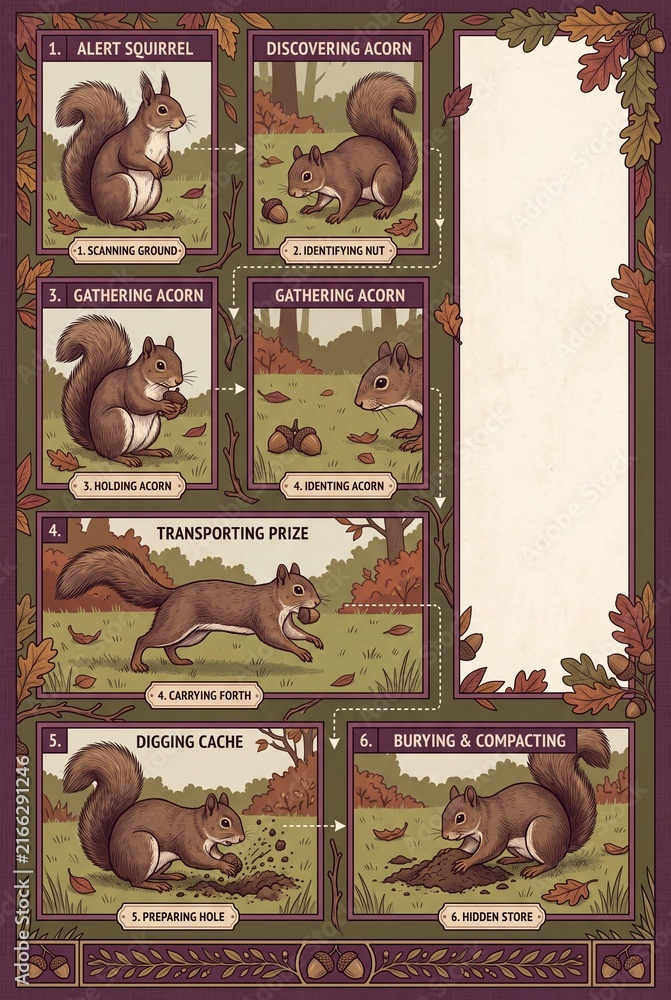 Naklejka premium Squirrel acorn gathering infographic with sequential woodland scenes, autumn foliage, decorative borders, and blank background panel.