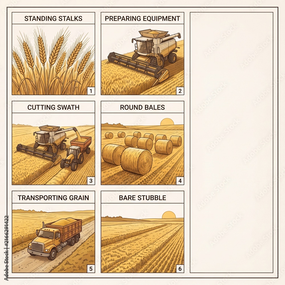 Fototapeta premium Creative agricultural harvest cycle infographic showing wheat, combine, hay bales, grain truck and stubble field scenes on a light background.