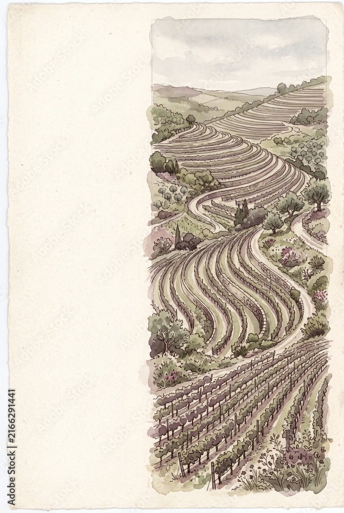 Fototapeta premium Watercolor landscape of winding terraced vineyards and rolling countryside on a light paper background, creative rural agriculture concept for design.