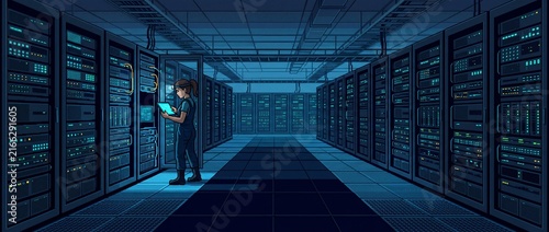 Server room with technician monitoring illuminated racks, cybersecurity infra...