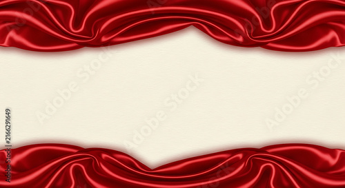 Elegant red silk fabric draped in graceful folds, creating a luxurious border or background on a textured light cream surface.
