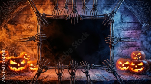 Halloween frame made of skeleton bones and hands with glowing pumpkins and spider webs on wooden background with colored smoke.