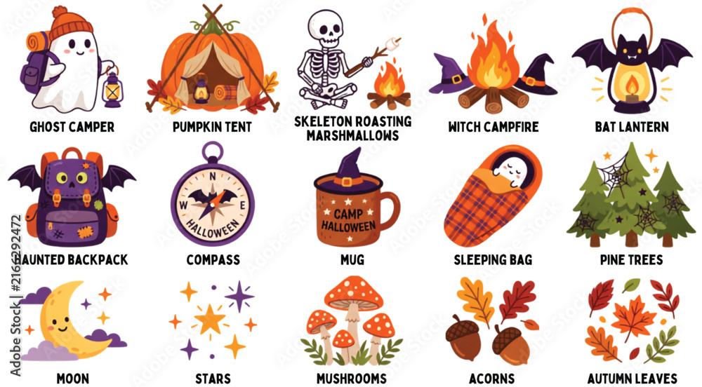 Fototapeta premium Halloween Camping Adventure Character Vector Collection Set on Transparent Background