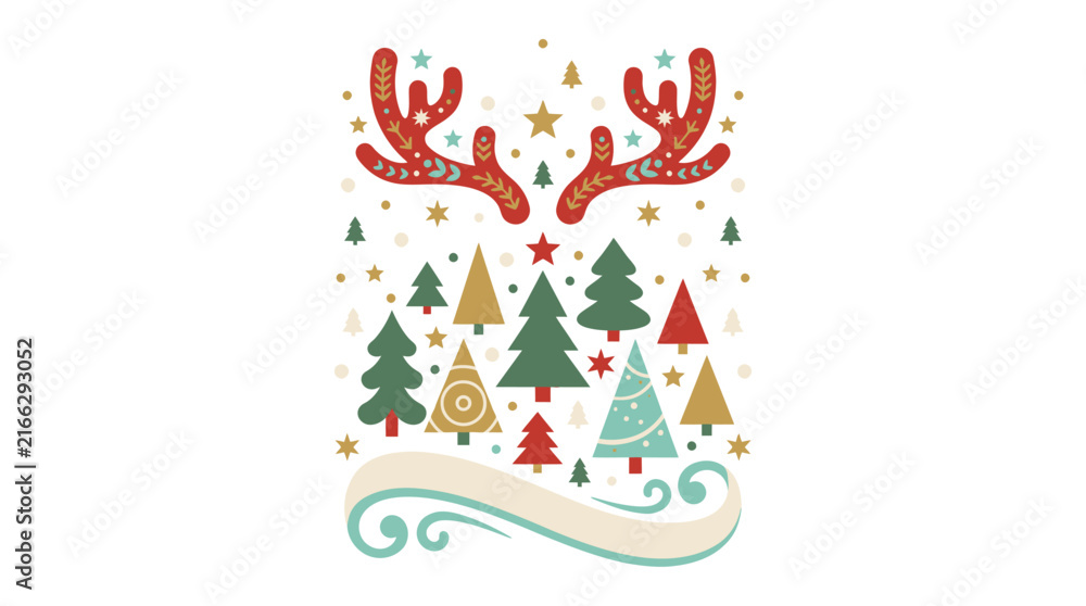 Naklejka premium Christmas design featuring stylized deer antlers and a collection of decorative festive trees.