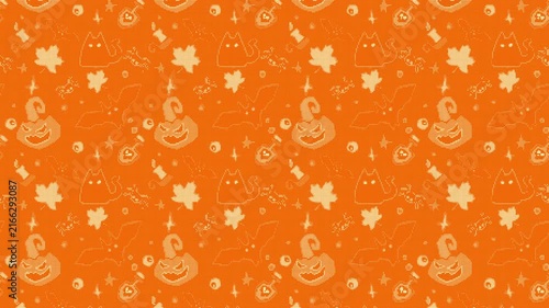 Seamless looping 2D cartoon Halloween pattern with halftone dots effect in orange and cream tones for spooky festive promotion, social media content, event invitations, dynamic party background.
