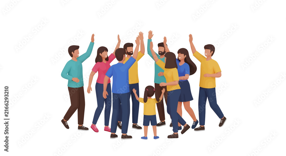 Obraz premium A diverse group of happy people, including adults and a child, celebrating success and unity with high fives in a circle.