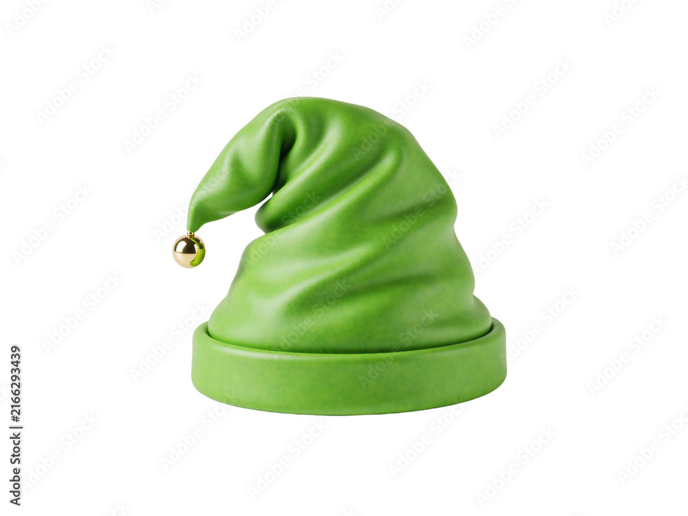Fototapeta premium Green elf hat with a drooping tip and a small gold bell, isolated on transparent background