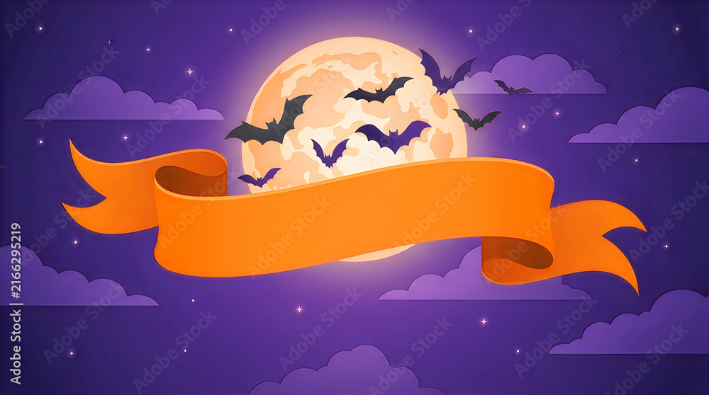 Naklejka premium Premium Halloween background with full moon and bats, orange banner with copy space, spooky night vector illustration for festive holiday design Halloween