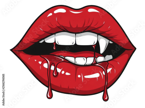 Vampire lips with dripping blood. Sexy mouth with fangs and red lipstick for horror design.