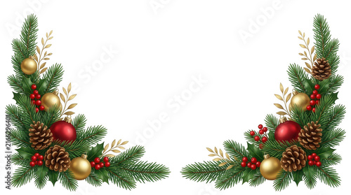 Christmas pine branch corner decoration with gold balls isolated on transparent background