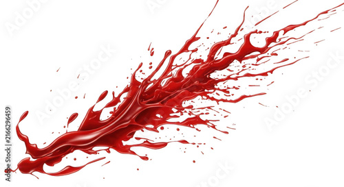 Red liquid blood splash on white background. Dynamic paint splatter for horror design art.